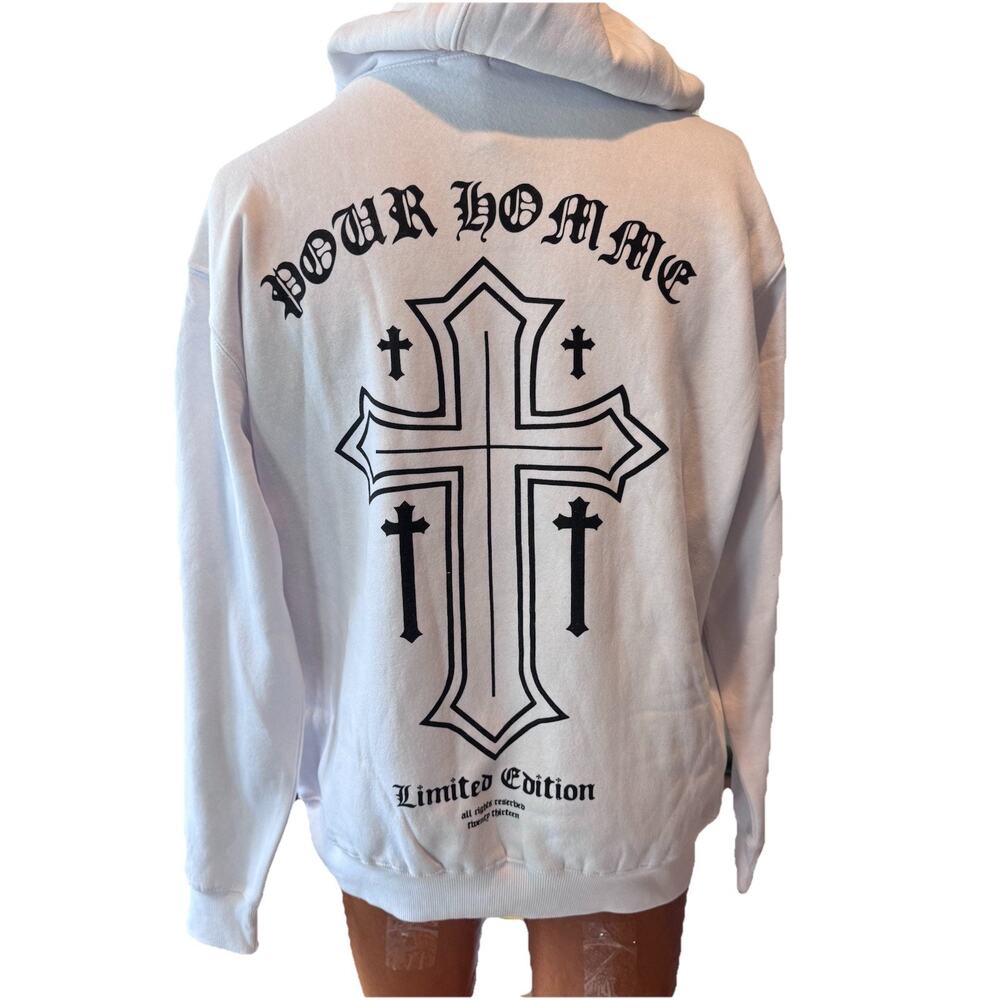 boohoo man Oversized Boxy Cross Print Hoodie White, Mens Small Will Fit Med New!
